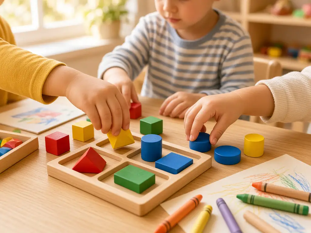 Ahşap bloklarla şekil eşleştiren çocuklar